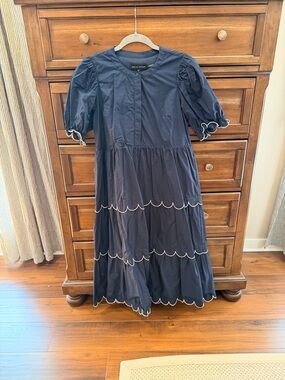 English Factory Midi Navy Dress with White Scallop Trim